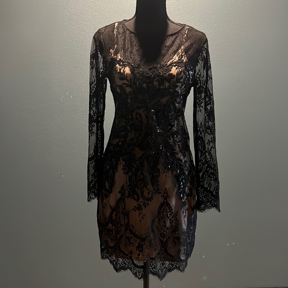 EXPRESS Black Lace Over Nude Lined Dress